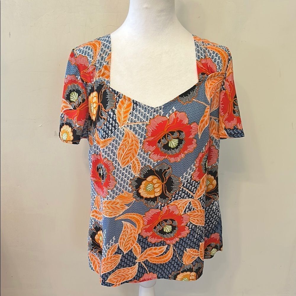 Chenault Orange Yellow Blue short sleeve patterned blouse  Size PL EUC